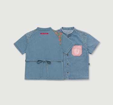 ROSES & THORNS CINCHED-WAIST DENIM BLOUSE