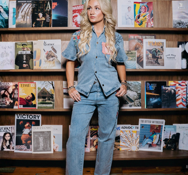 ROSES & THORNS CINCHED-WAIST DENIM BLOUSE